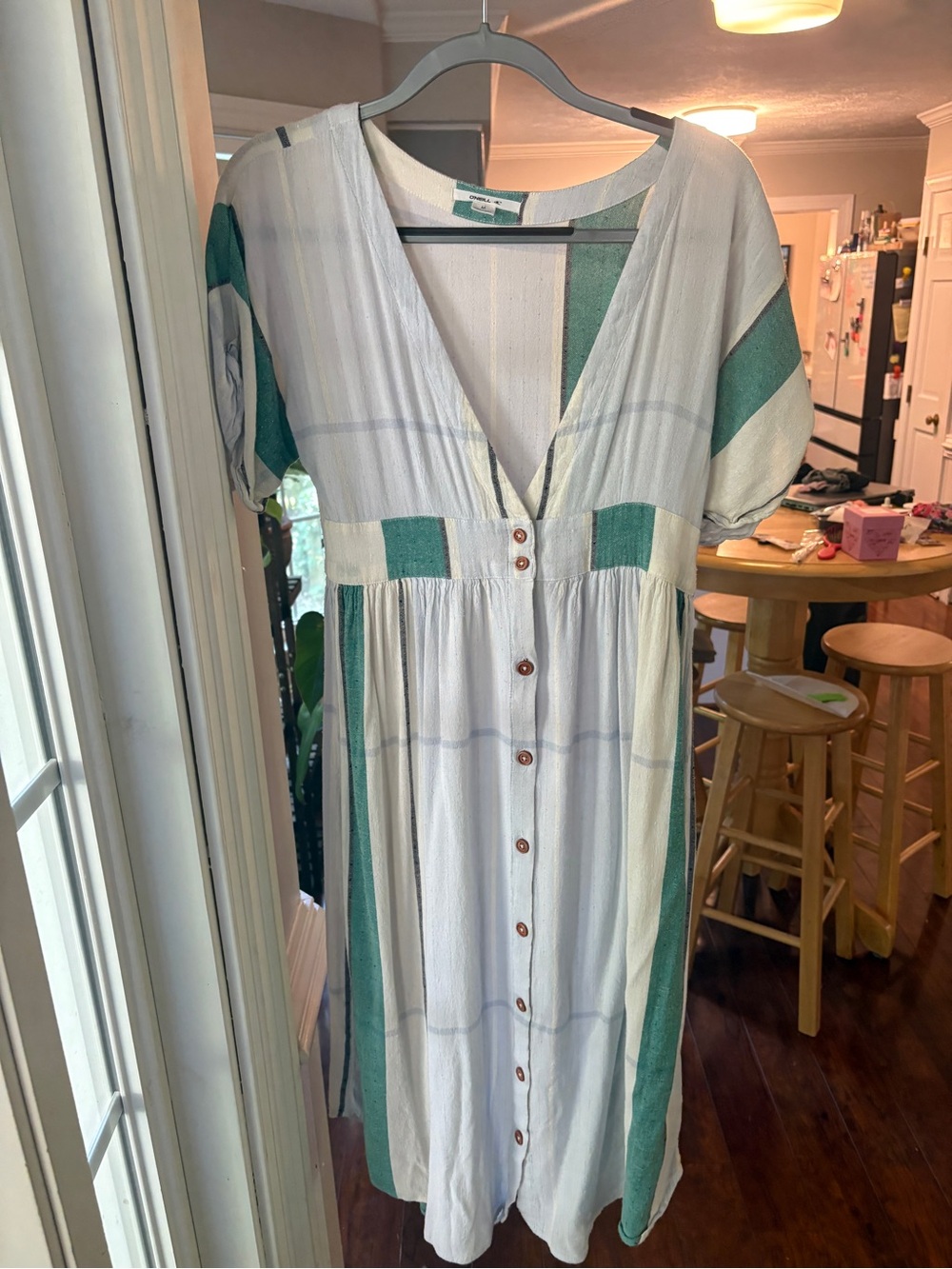 O'Neill White & Teal Striped Button-Front Midi Dress